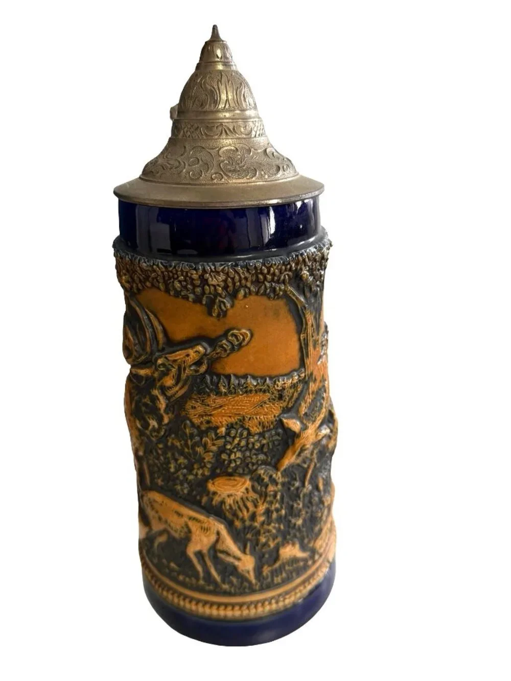Vintage GERZ German Hunting Beer Stein Fox Handle Waidmanns Heil Pewter Lid 11
